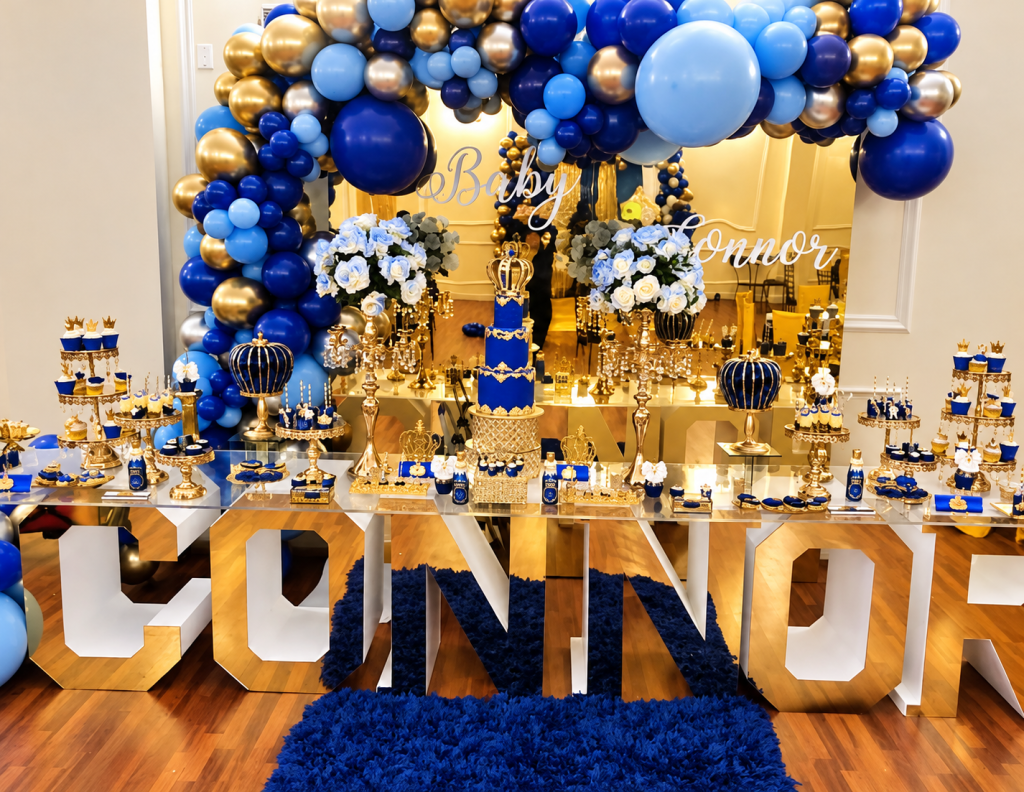 Elegant royal blue and gold baby shower decorations by Impress Me Creations, featuring a balloon arch, floral arrangements, and a custom dessert table.